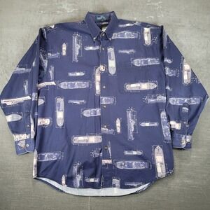 Keeler Bay Boat Blueprint Print Button Down‎ Long Sleeve Shirt Mens Nautical